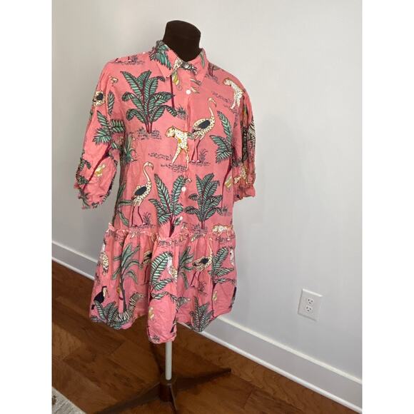 Fox and Hen Pink Ruffle Jungle Cats Button Down Dress MISSING BUTTON Size Large - Picture 1 of 9